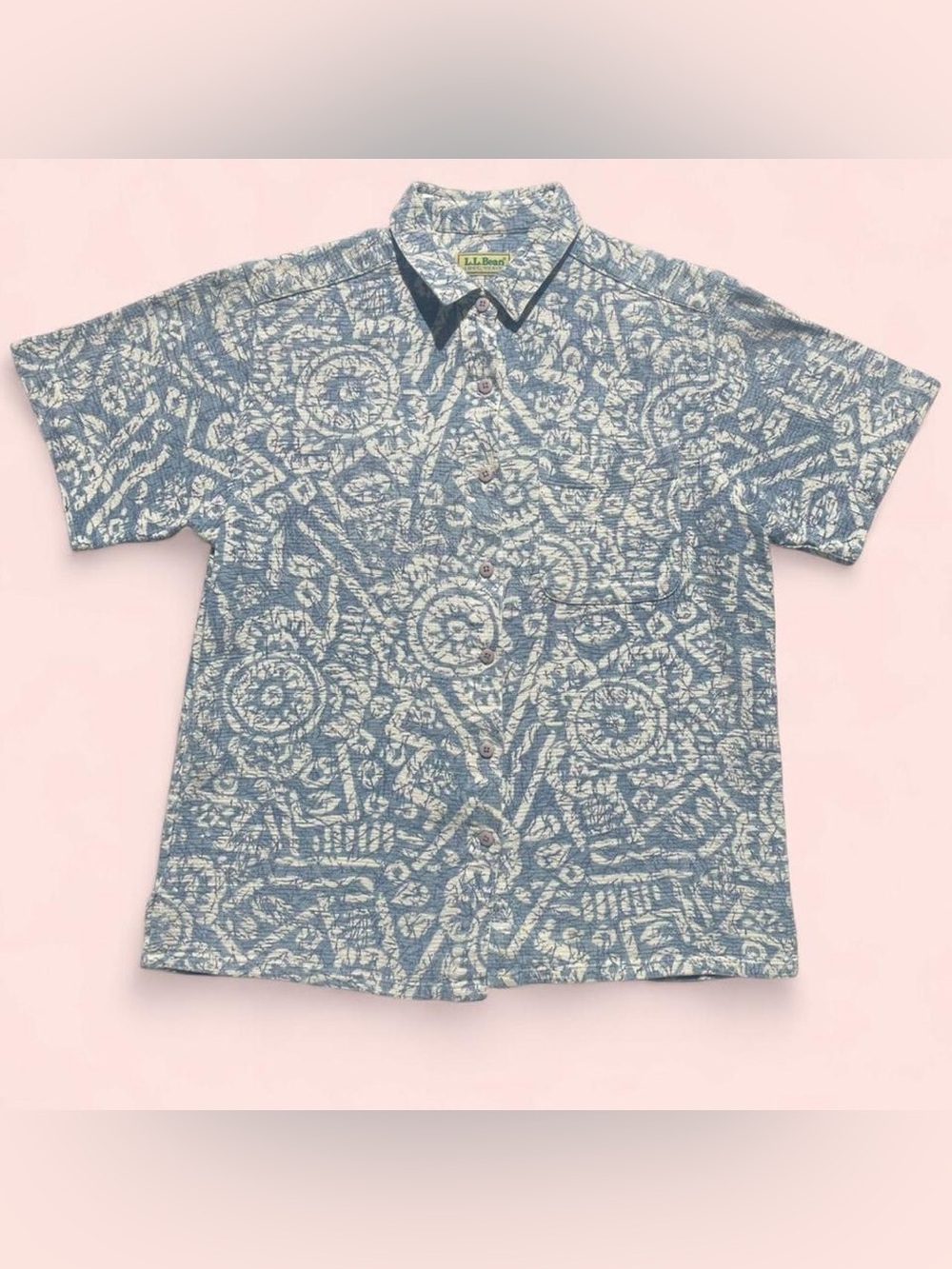 Vintage 90s L.L. Bean Cool Weave Batik Shirt Blue Cotton Boxy Grandpa Gorpcore